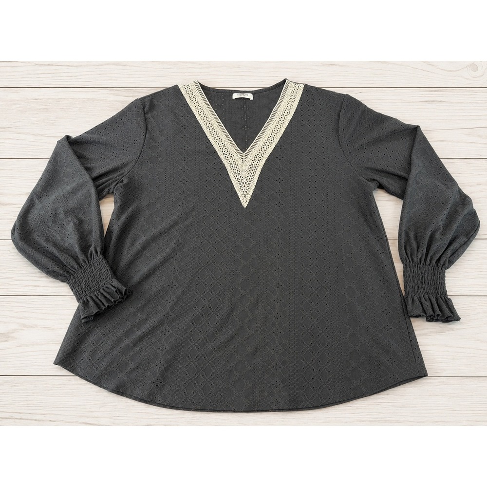 Zeagoo Womens Black Eyelet Lace V-Neck Blouse Smocked Ruffle Cuff Top Large 3752